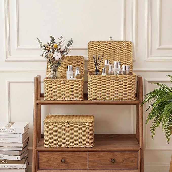Nonam Wicket Basket with Lid, Large Shelf Baskets for Boho Deco, Plastic Storage Organizer Bins-Stackable Containers Boxes for Home & Office Shelves, Kitchen, Garage and Bathroom Organization, Natural