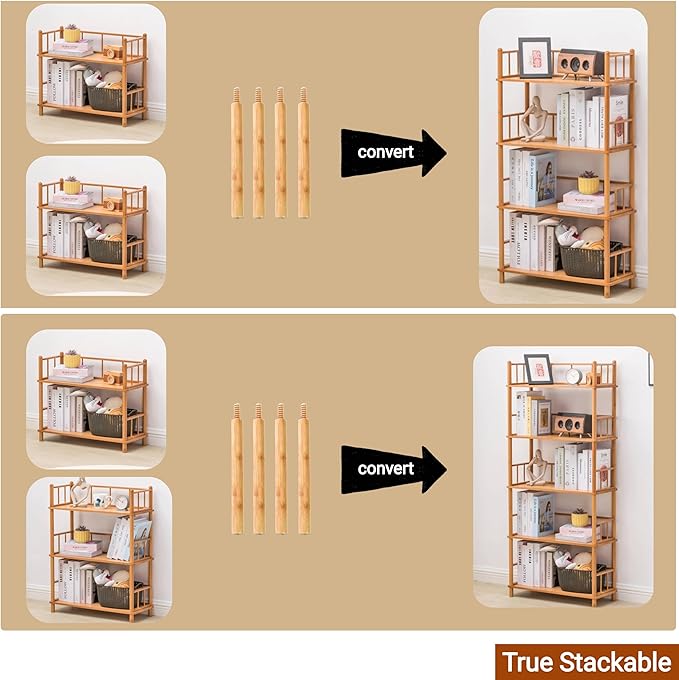 3-Tier Expandable Freestanding Open Bamboo Book Shelf - No-Tool Assembly & Modular,Bathroom Storage Shelf Unit Plant Stand for Small Space, Bedroom, Living Room, Home Office