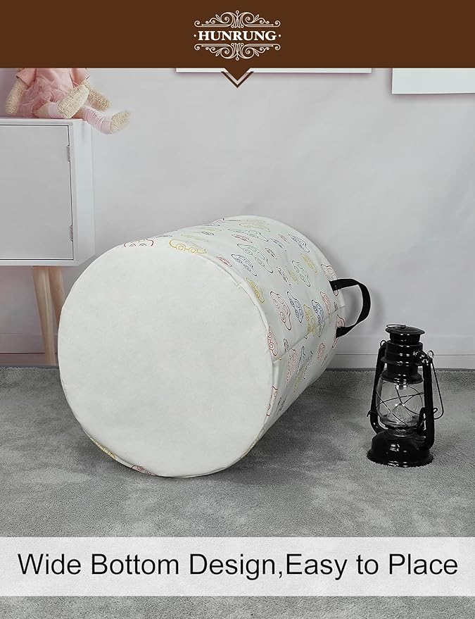 HUNRUNG Laundry Hamper,Large Canvas Fabric Lightweight Storage Basket Toy Organizer Dirty Clothes Collapsible Waterproof for College Dormsï¼Round-Carï¼