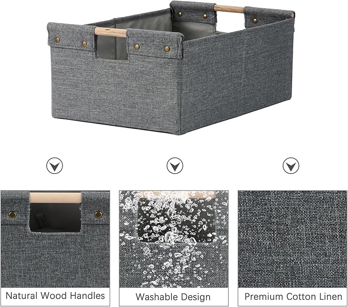 2PCS Storage Bins Cotton Linen Fabric Storage Boxes Basket with Wooden Handles Foldable Washable Decorative Shelf Container Clothes Organizer Home Laundry - Small Size, Gray