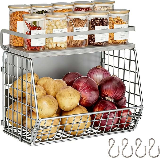 Wire Fruit Basket 2 IN 1 Magnetic & Hanging Wall Produce Basket with Spice Rack for Potato Onion Vegetable Storage for Pantry,Kitchen Countertop and Fridge Organizer