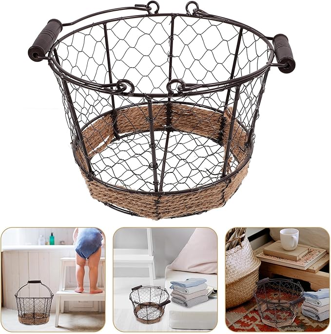 Iron Wire Basket with Handle Small round Metal Storage Basket Multifunctional Wire Sundry Organizer for Home Kitchen Fruit and Vegetable Storage