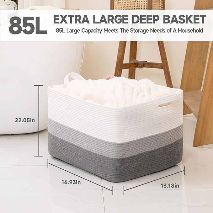 CLHMILY&Z Stylish Square Cotton Rope Storage Basket (Grey & White, 85L)