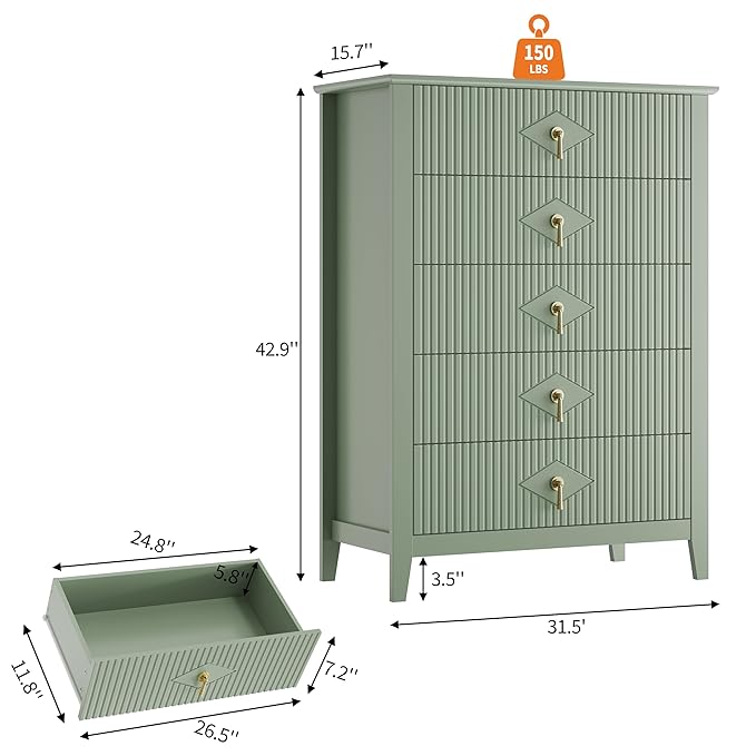 GarveeHome Fluted Dresser for Bedroom, 42.9" Tall 5-Drawer Wood Dresser, Modern Chest of Drawers, Storage Organizer Cabinet for Living Room, Hallway, Entryway, Green