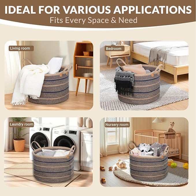 Sapphire Blue Large Blanket Basket, 22"x22"x14" | Jute Blanket Basket Living Room, Laundry, Nursery | Toy Basket for Blankets, Toys, Hand Woven Crafted (Brown&Blue)