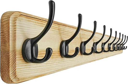 Dseap Coat Rack Wall: 38-1/4" Long, Patented, Heavy-Duty, 10-Double-Hooks Wooden Wall Mounted Coat Rack Coat Hanger Hook Rail for Winter Coats Hat Jacket Clothing, Light Brown