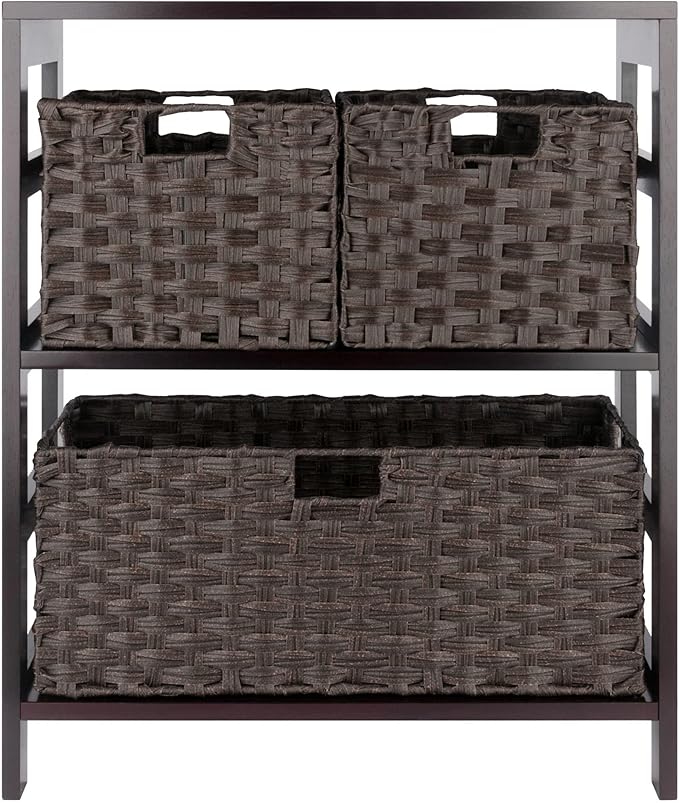 Winsome Leo 2-Tier Wide Storage Shelf with 3 Foldable Woven Baskets, for Living Room, Home Office, Bedroom, Espresso