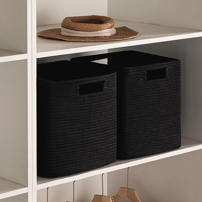 UBBCARE Set of 3 Cotton Rope Basket 13 X 13 X 13 Inches, Woven Storage Baskets for Shelves, Organizing with Handles, Cube Storage Bins for Storage Books, Magazines, Black