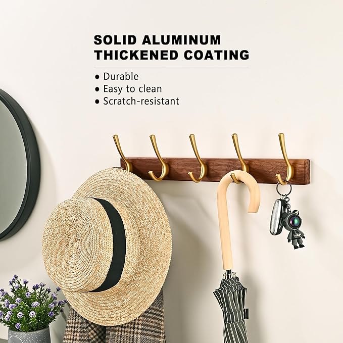2 Pack 17.3" Walnut Wood Coat Rack Wall Mount with 5 Hooks, Heavy Duty Wooden Jacket Hanger Door Mounted for Decorative Entryway Bathroom Hanging Towel Backpack Purse Hat Key Satin Gold