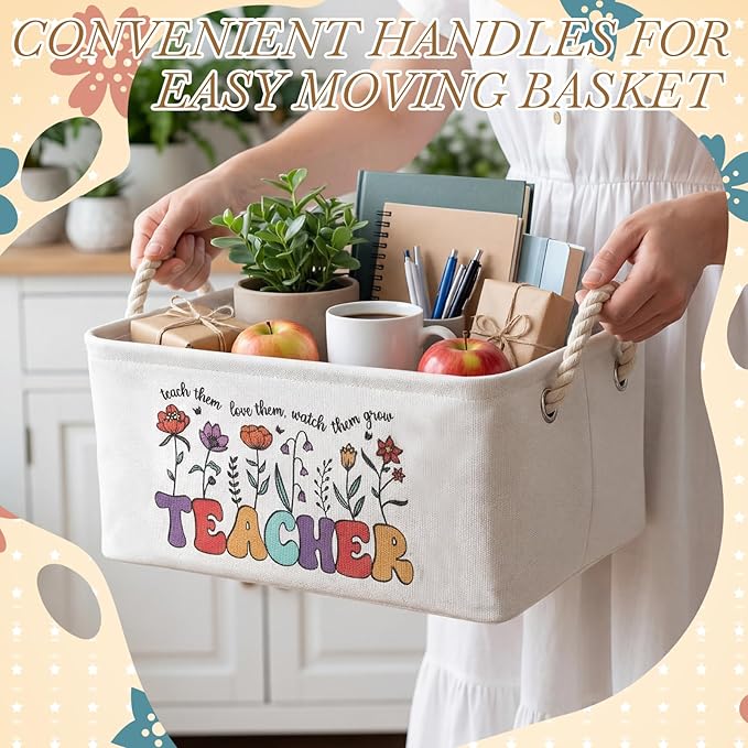 Marsui Teacher Basket Teacher Appreciation Gifts Book Storage Basket Large Foldable Linen Reading Accessories Back to School Teachers Gifts from Student Classroom Office Home