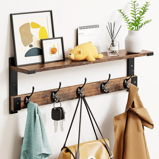 Coat Rack Wall Mount with Hooks and Shelf for Coat, Backpack, Key, Clothes Hanger, Wall Floating Shelf for Entryway, Living Room, Bathroom, Bedroom, Kitchen