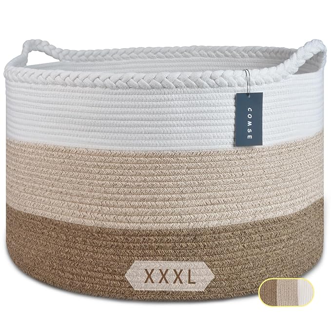 COMSE Extra Large Blanket Basket, Woven Laundry Basket, 21.7âx 13.8â, Nursery Hamper, Cotton Rope Laundry Hamper Living Room for Storage Toys Clothes Towels(White & Gradient Brown)