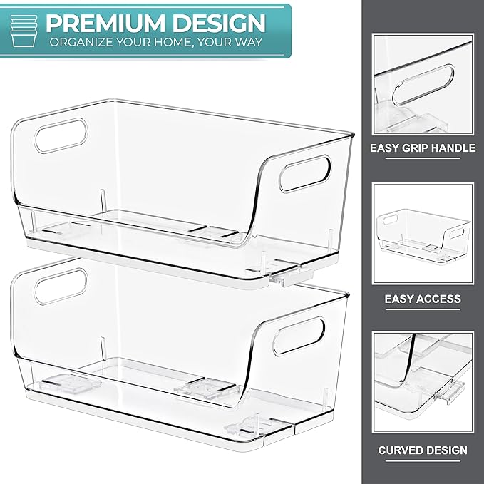 Sorbus Stackable Storage Bins Open Front, Clear Stackable Storage Bins, Pantry Bins for Storage and Organization, Acrylic Stackable Bins for Kitchen, Clear Pantry Organizer Bins (Small Narrow 4 Pack)
