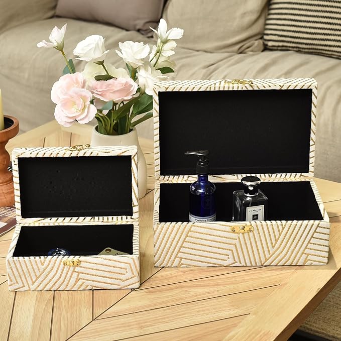 Velvet Decorative Boxes Storage Accessory Organizer with Gold Stripe Set of 2, White