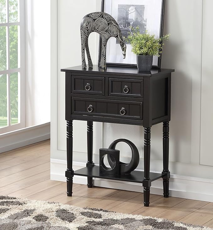 Convenience Concepts Kendra Entryway Hall Table 23.75" - 3 Storage Drawers, Traditional Console with Shelf for Decor, Office & Hallway Organizer, No Tools Assembly, Solid Wood Legs, Black