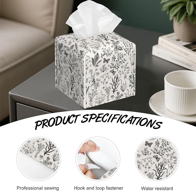 Vintage Wild Flowers Tissue Box Cover Square,Herbs Tissue Box Holder with Belt Bottom,Stylish Leather Napkin Holder for Vanity Countertop,Nightstands,Office Desk,5.2"Ã5.2"Ã5.2"