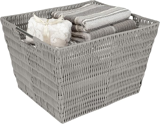 Simplify 15"x13"x10" Large Woven Basket for Storage with Handles, Nursery, Playroom, Toys, Bedroom, Closet, Clothes, Office, Decorative Organizer Rattan Totes, Grey
