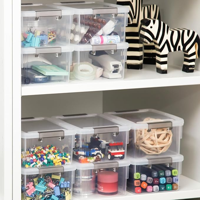 Small Storage Bins with Lids 3.2 QT- 8 Packs Plastic Storage Containers for Organizing Stackable Clear Storage Boxes,Clear White