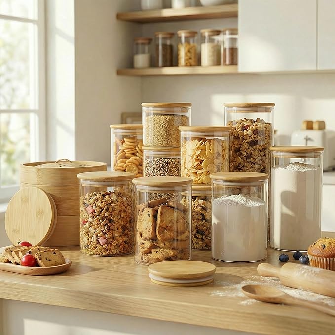 Glass Jars with Bamboo Lids 53 FL OZ [Set of 4], Glass Canisters with Airtight Lids, Glass Food Storage Containers for Pasta, Oats, Coffee, Flour, Sugar, Rice, Best for Kitchen & Pantry