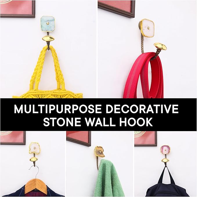 Indian Shelf Pack of 6 Stone Wall Hooks Decorative Modern - Multicolor Agate Coat Hook Wall Mounted - Stone Decorative Towel Hooks for Bathrooms - Agate Wall Key Hooks