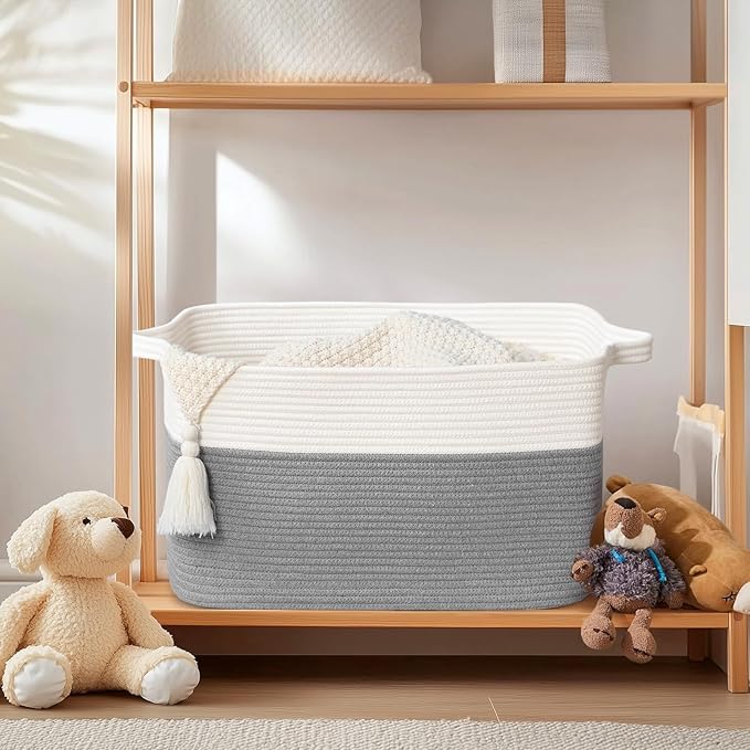 Large Blanket Basket, 100L Storage Baskets for Organizing, Woven Laundry Basket for Blankets, Cotton rope Blanket Storage for Living Room, Nursery Room, 24.8" L x 15.74" W x 15.74" H, Gray