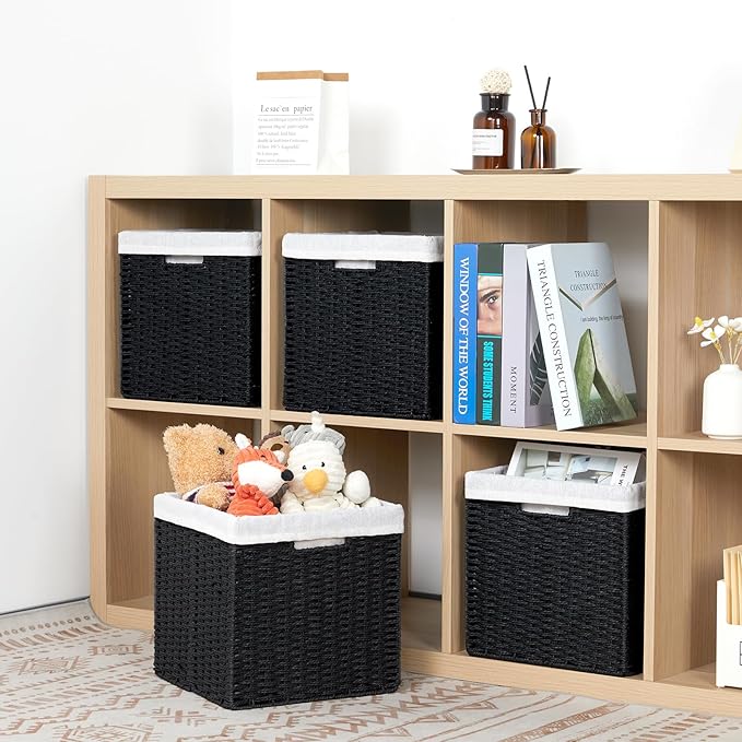 DULLEMELO Wicker Storage Baskets 11x11 Cube Storage Bins for Organizing Woven Baskets Set of 2 Waterproof Wowen Storage Cube Organizer for Pantry Closet Set of 2 - Black