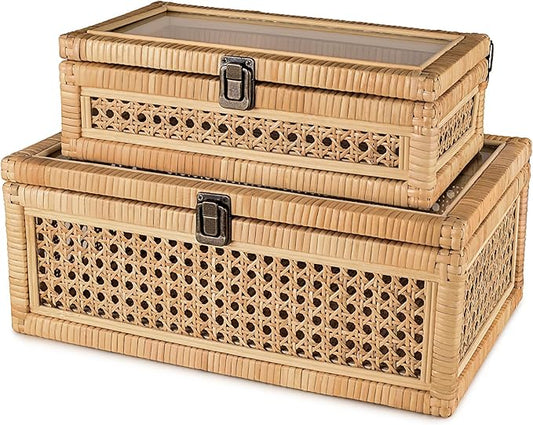 Large Decorative Box Lid Display, Large Keepsake Memory Storage Box, Decorative Box Hinged Lid Woven Rattan Jewelry Box with Glass Boho Vintage Decor Craft Organizer. Rattan