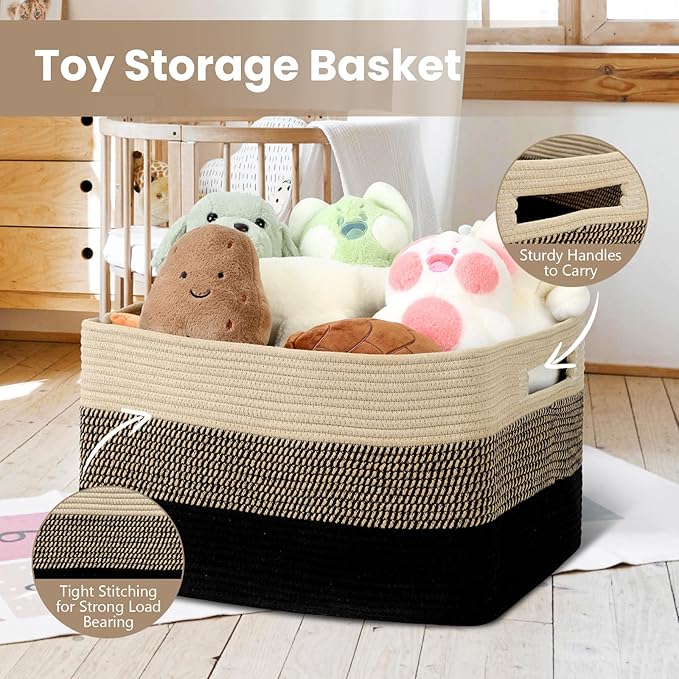 95L Large Blanket Basket, Woven Storage Baskets with Reinforced Handles, Rope Laundry Basket for Living Room, Bedroom, Nursery, Toys, Clothes,Pillows, 24â x 17â x 13.5â, Black & Brown