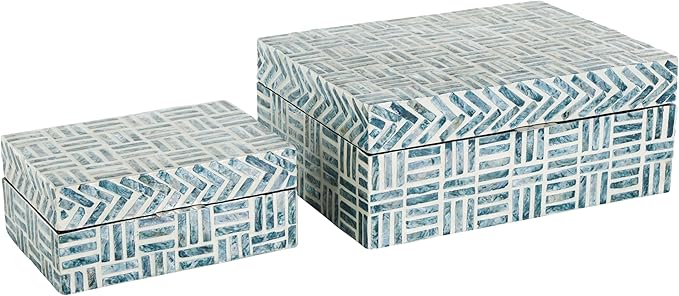 Deco 79 Mother of Pearl Shell Geometric Handmade Decorative Box Mosaic Storage Decorative Keepsake Box with Cream Underlay, Set of 2 Storage Box 12", 8"W, Blue