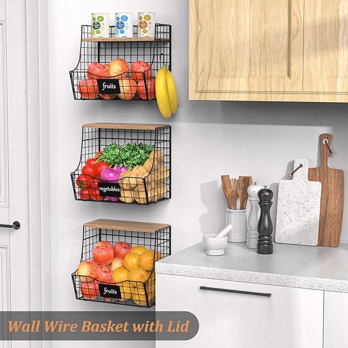 3 Pack Fruit Basket for Kitchen with Wood Lid - Counter&Wall Mounted Onion and Potato Storage with Nameplate, Stackable Storage Basket, Hanging Metal Wire Baskets,11.5 * 10.63 * 8.66 Inch