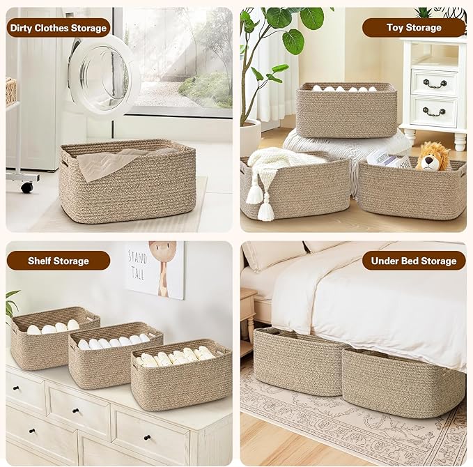 3 Pack Large Storage Basket for Organizing, 17"x12"x7.5" Woven Basket for Shelves, Closet Cube Storage Bins with Wrapped Handle, Cotton Rope Baskets for Kitchen, Clothes, Toys(Natural)
