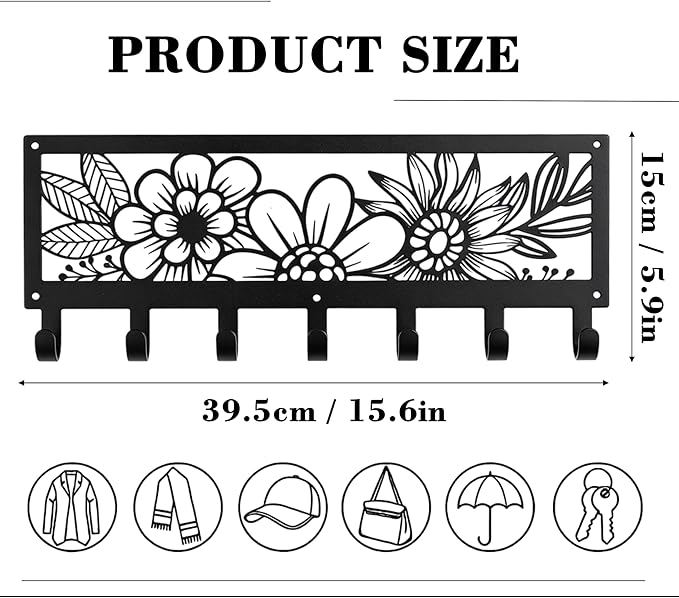 Black Metal Flower Wall Mount Rack with 7 Hooks, Decorative Wall Hanger for Coats, Jackets, Hats, Bags, Keys, Metal Wall Organizer for Bedroom, Bathroom, Kitchen, Living Room, Office, Home