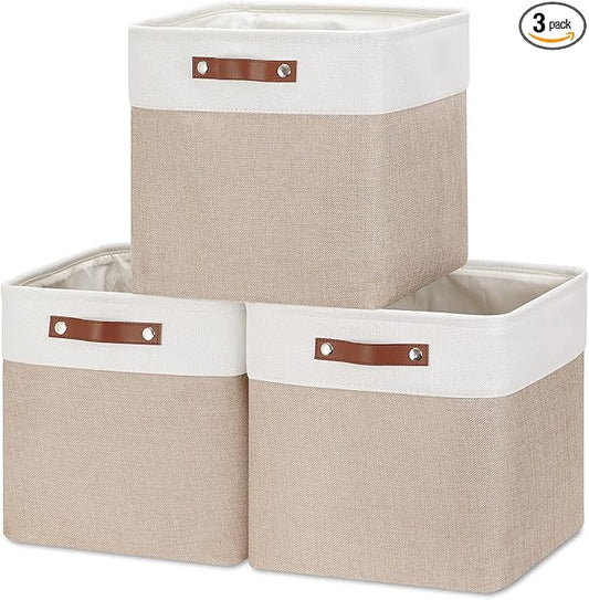 HNZIGE Cube Storage Baskets for Shelves Foldable Storage Baskets(3 Pack) Cube Storage Bin,13 Inch Storage Basket for Organizing with Leather Handles for Toys, Clothes, Kids, Closet (White&Beige)