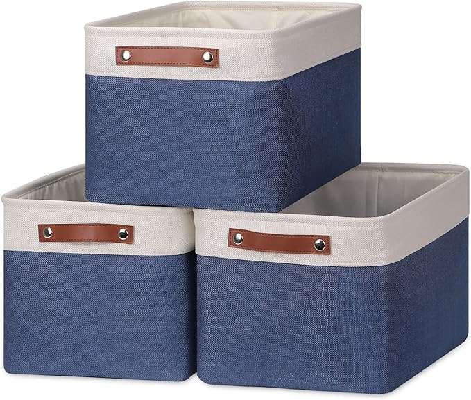 HNZIGE Large Storage Baskets for Shelves(3 Pack) Fabric Toy Basket with Leather Handles, Decorative Foldable Storage Baskets (White&Blue,15" x 11" x 9.5")