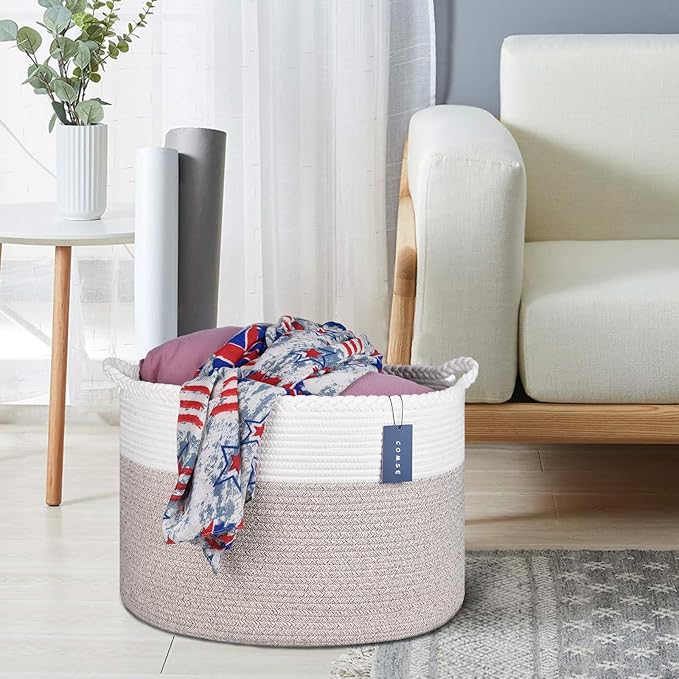 COMSE Extra Large Blanket Basket, Woven Laundry Basket, 21.7âx 13.8â, Nursery Hamper, Cotton Rope Laundry Hamper Living Room for Storage Toys Clothes Towels (White & Light Brown)