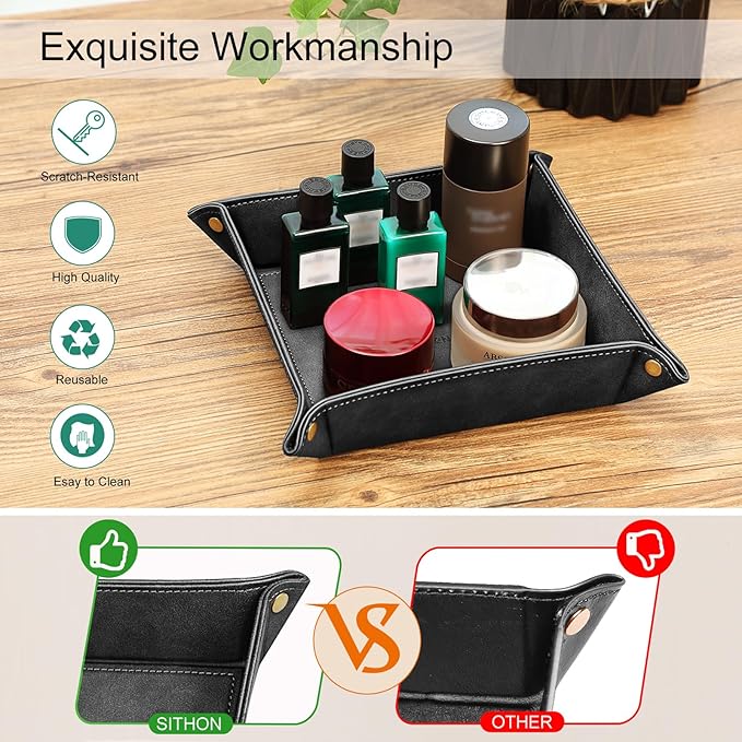 SITHON Valet Tray Desktop Storage Organizer â Premium PU Leather Catchall Bedside Vanity Tray Nightstand Caddy Holder for Keys, Phone, Wallet, Coin, Jewelry, Valentine's Day Gift, Black