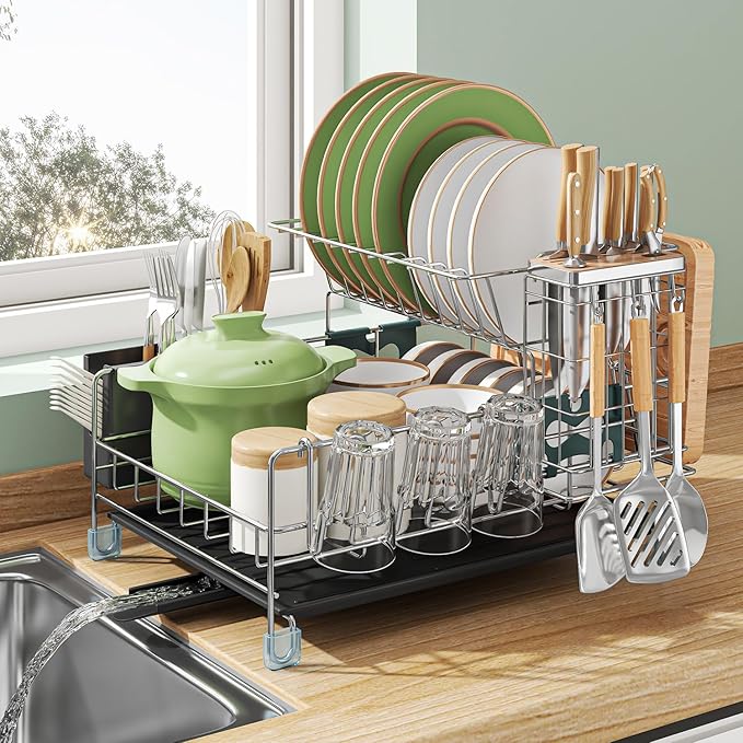 Dish Drying Rack - Large Capacity Stainless Steel Dish Rack for Kitchen Counter, 2-Tier Detachable Kitchen Organizers and Storage Rack with Drainboard and Cutlery Holder, Silver