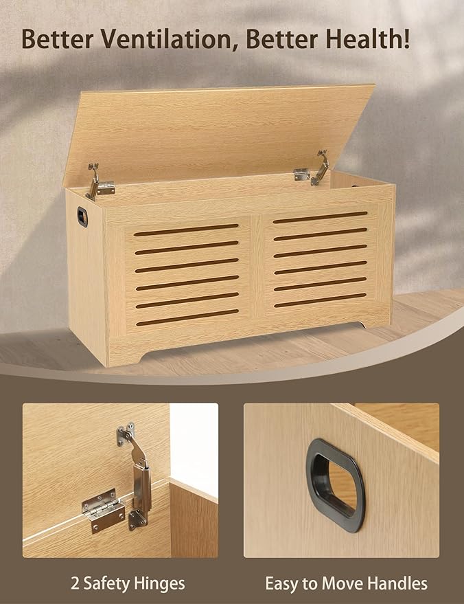 DINZI LVJ Storage Chest, 39.4âWooden Storage Box with 2 Safety Hinges, Entryway Shoe Bench with Flip-Top, Farmhouse Style Trunk for Living Room, Bedroom, Play Room, Easy Assembly, Natural