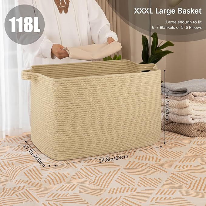 118L Extra Large Blanket Basket, 24.8"x17.7"x16.2" Woven Rope Baskets for Storage, Nursery Blanket Storage for Living Room, Toy Basket with Handle Organizing Comforter Cushions Pillows, Jute