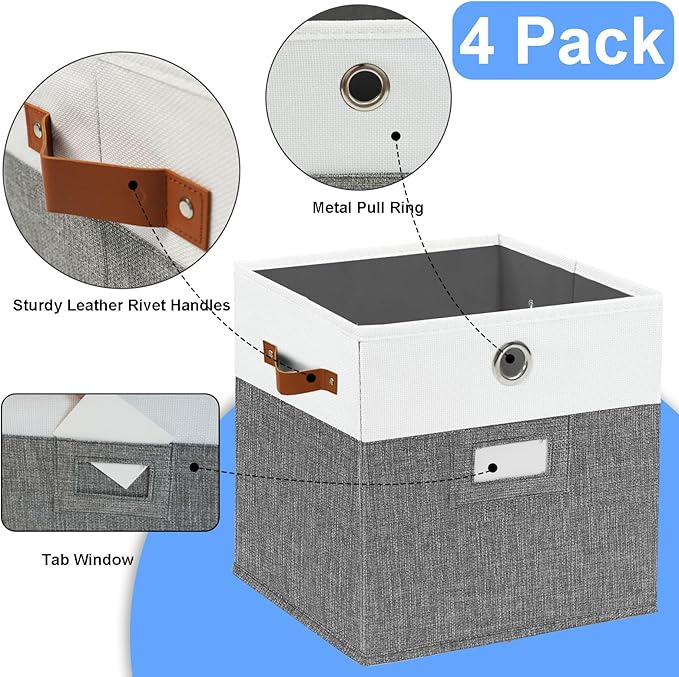 11x11 Cube Storage Organizer Bins Set of 4,foldable Storage Bins with Label,Cubby Storage Organizer with Metal pull ring and Leather Handles(Grey/White)