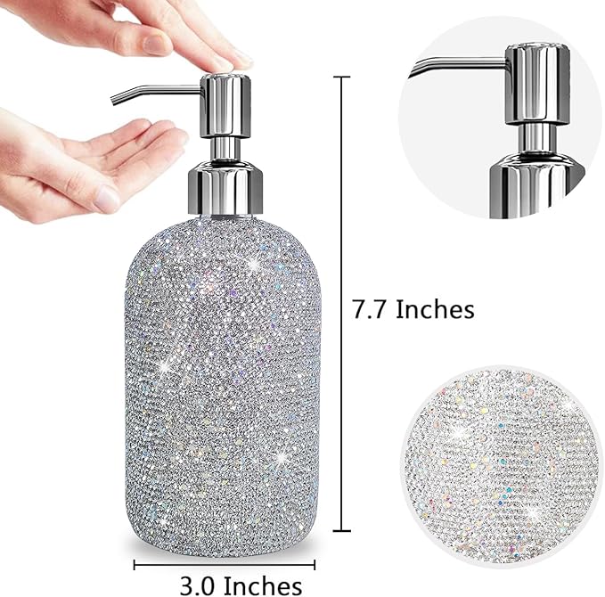 SlowVibes 18Oz Bling Glass Soap Dispenser with Rust Proof Stainless Steel Pump,Refillable Liquid Hand Wash Bottle for Bathroom Kitchen,Sparkle Decorative Shower Dispenser,Rhinestone Lotion Dispenser
