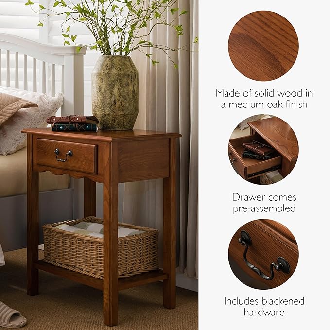Salem Solid Wood Nightstand with Drawer and Shelf, Medium Oak Brown, Perfect for Bedrooms, Living Rooms, and Small Spaces – Leick Home, 9067-MED