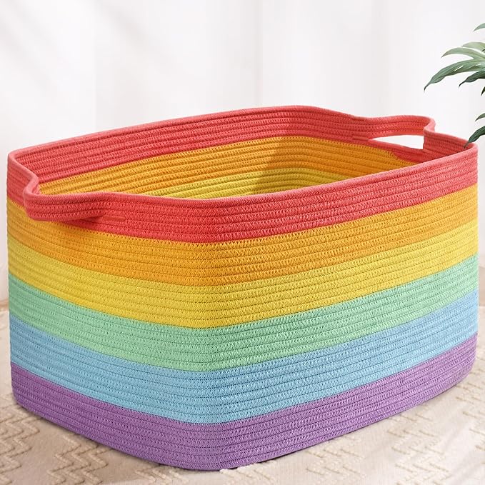 Large Blanket Basket, 60L Storage Baskets for Organizing, Woven Laundry Basket for Blankets, Cotton rope Blanket Storage for Living Room, Nursery Room, 19.7" L x 15.74" W x 11.8" H, Rainbow