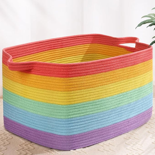 Large Blanket Basket, 60L Storage Baskets for Organizing, Woven Laundry Basket for Blankets, Cotton rope Blanket Storage for Living Room, Nursery Room, 19.7" L x 15.74" W x 11.8" H, Rainbow