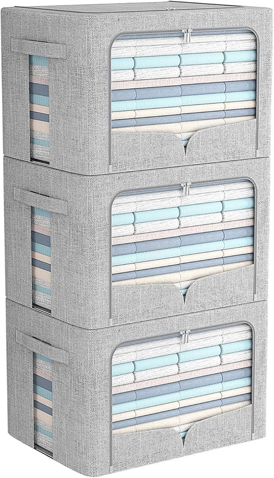 FHSQX 3 Pack Clothes Storage Bins Foldable Metal Frame Storage Box Stackable Linen Fabric Organizer Set with Carrying Handles and Clear Window (Light Gray, 15.7x11.8x11.8inch(36L))