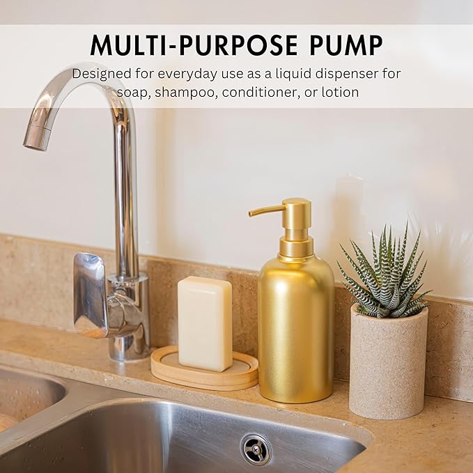 Gold Soap Dispenser for Kitchen & Bathroom – 15 oz Refillable Resin Pump Bottle for Dish Soap, Hand Soap, Shampoo, Conditioner – Modern Countertop Dispenser with Non-Slip Protective Pads