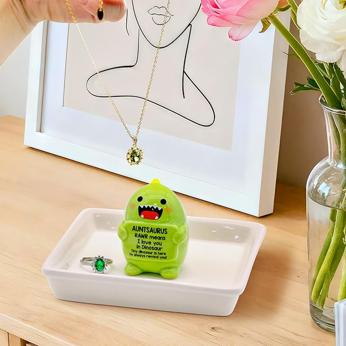 PUDDING CABIN Auntsaurus Dinosaur Ceramic Ring Holder, Jewelry Trinket Tray for Vanity, Gift for Aunt from Niece Nephew, Mothers Day Birthday Christmas Gift for Auntie