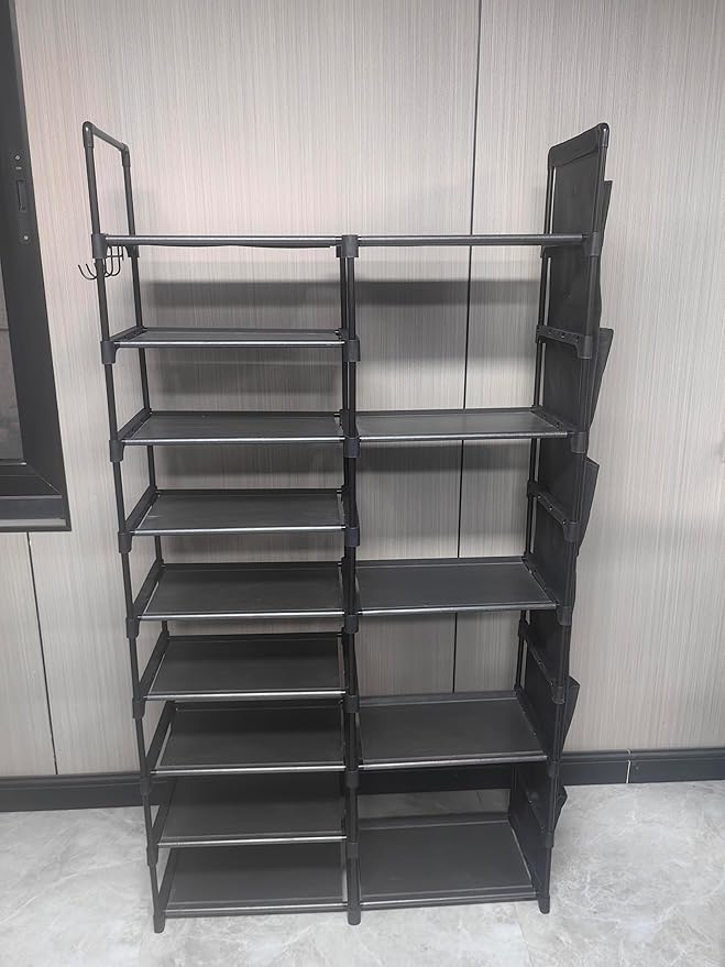 SUOERNUO Shoe Rack Organizer with Hook and Side Pocket, Metal Shoe Rack Storage Holds 25-35 Pairs, Large Black Stackable Freestanding Shoe Racks, 9-Tier Tall Shoe Rack for Closet, Entryway