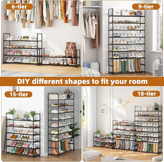 Simple Trending Shoe Rack, 3-Tier Shoe Organizer, Metal Storage Shelf, for 16-20 Pairs, Stackable, for Entryway, 11.75 x 36.5 x 21.5 Inches, Black