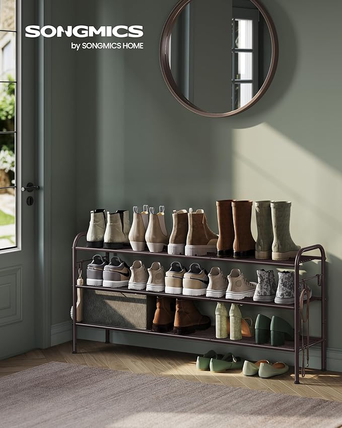 SONGMICS Shoe Rack, 3-Tier Shoe Organizer, Metal Shoe Shelf Storage with 4 Side Hooks, Holds 18 Pairs of Shoes, Height-Adjustable Shoe Rack for Entryway, Hallway, Closet, Chestnut Brown ULMR131A01